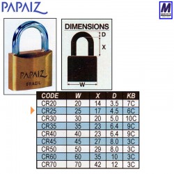 Papaiz sizes for CR25 series padlocks