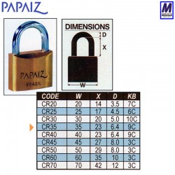 Dimensions chart for Papaiz CR range padlocks